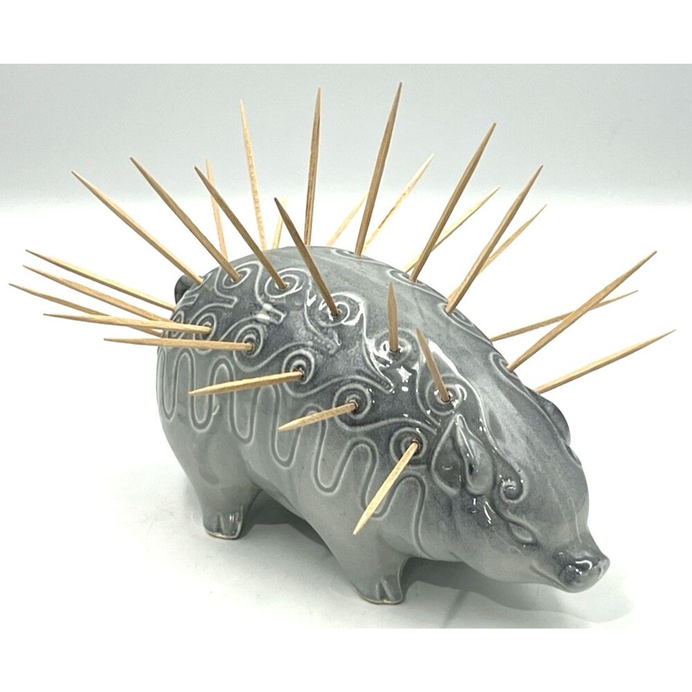 Vtg 40s Pottery Pig Toothpick Holder Bevan Kilns California Hors D'oeuvre Gray